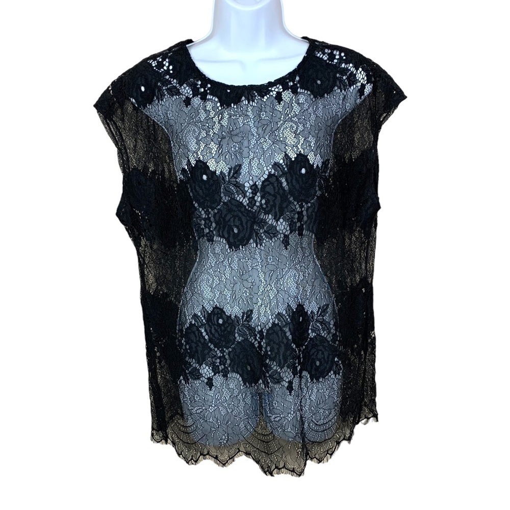 Black Lace Short Sleeve Blouse Stretch Small Goth Glam Modern Movement